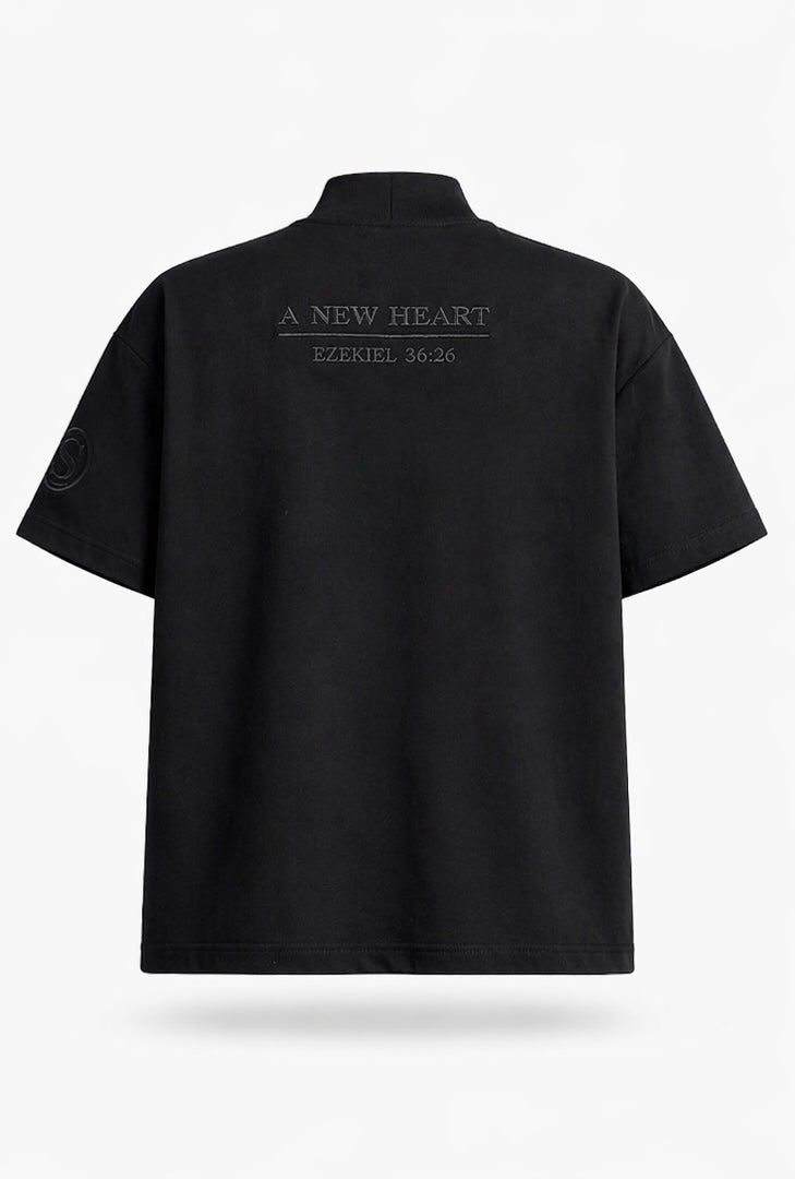 "New Heart" Heavyweight Mock-Neck Tee - Matte Black