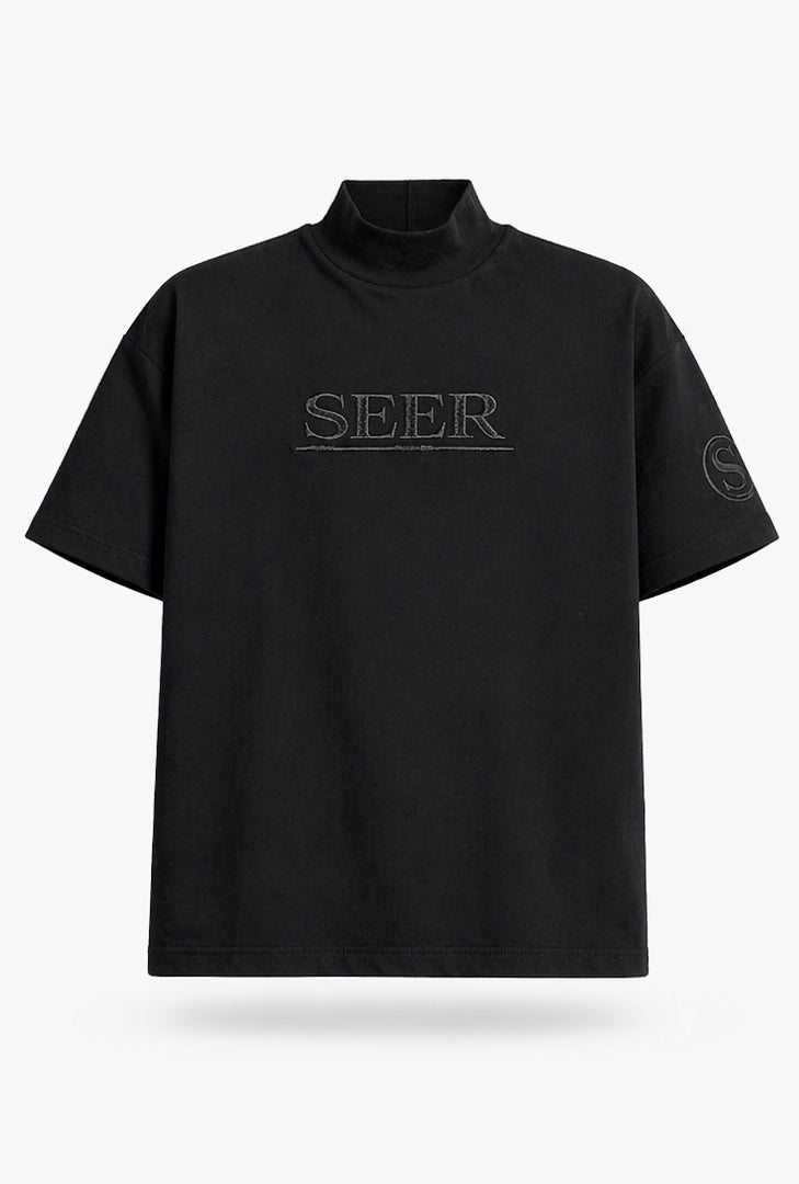 "New Heart" Heavyweight Mock-Neck Tee - Matte Black
