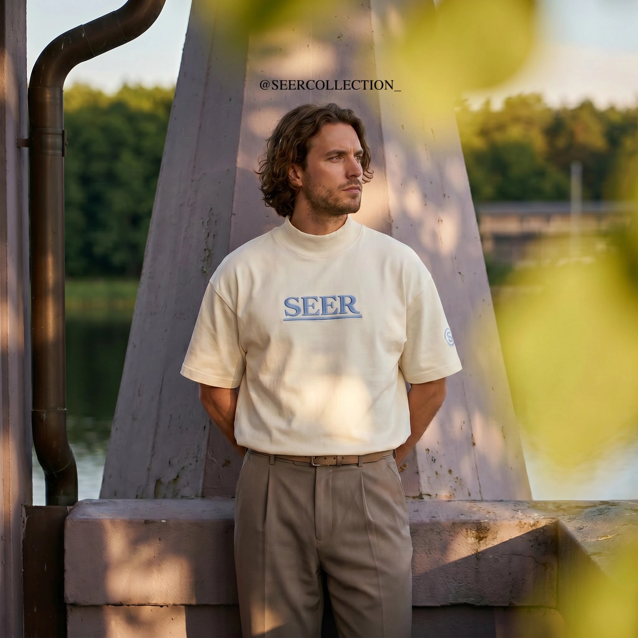 "New Heart" Heavyweight Mock-Neck Tee - Bone White